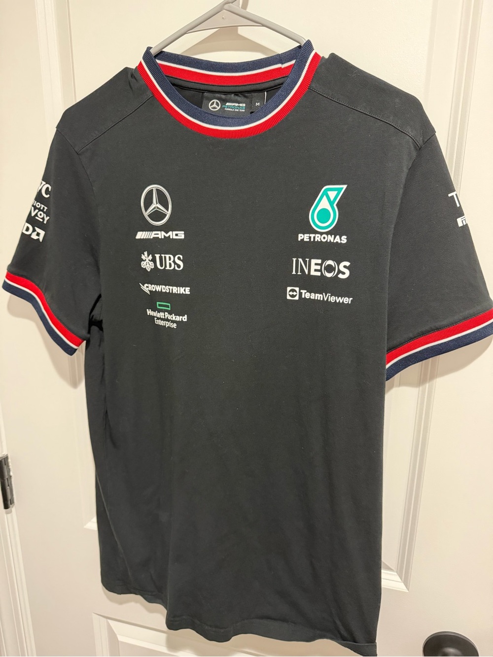 Mercedes AMG Petronas Black Short Sleeve Logo Tee with Red & Navy Trim